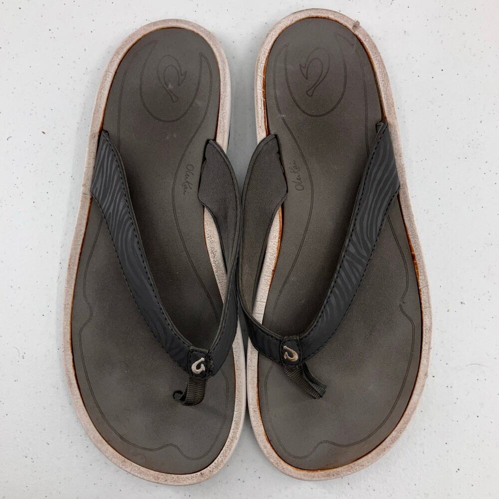 Olukai Gray White Kulapa Kai Cushioned Footbed Thong Flip Flop Sandal Shoes